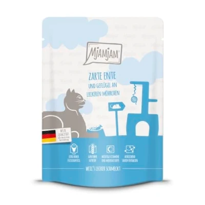 Immagine di MjAMjAM Cibo umido premium per gatti Quetschie Anatra di pollo delicata con aggiunta deliziose carote, 1 confezione (1 x 300 g), senza cereali carne extra