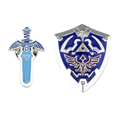 Immagine di 2 spille Zeldas Link&#039;s Hylian Shield + spilla a forma di spada Skyward, collezione Cosplay, 40mm, Metallo