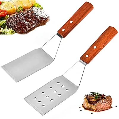 Immagine di 2 Pezzi Set di Spatole in Acciaio Inossidabile, Acciaio, Spatola da Barbecue, Inossidabile Perforato Griglia con Manico Legno per Teppanyaki, Bistecca