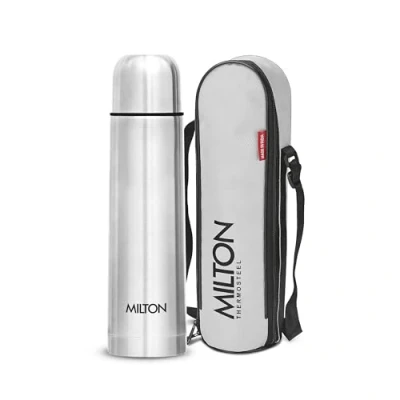 Immagine di MILTON Flip Lid 500 Thermosteel Borraccia per acqua calda e fredda 24 ore con borsa, 1 pezzo A prova di perdite Bottiglia da ufficio palestra Casa (Argento,500 ml)
