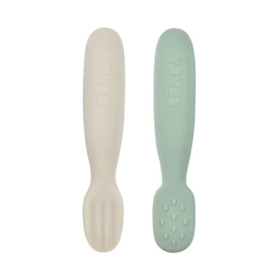 Immagine di BEABA, Set di 2 cucchiai per bambini della prima età, Cucchiaini in silicone, Posate bambini, Da 4 mesi, Forma ergonomica, Diverse consistenze, Impugnatura Verde salvia/Grigio velluto