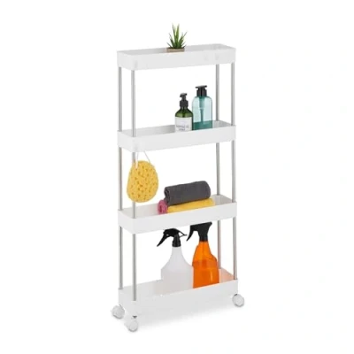Immagine di Relaxdays Mobile Salvaspazio, Scaffale su Ruote con 4 Ripiani, Carrello per Bagno e Cucina, 88 x 41,5 23,5 cm, Bianco, Plastica, Acciaio Inox