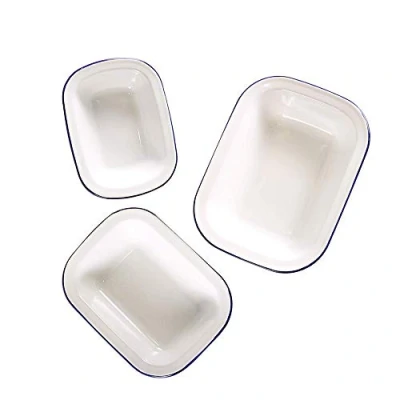 Immagine di Webake Enamelware Set di 3 Teglie per Arrosti, Smalto Piatto Rettangolare, Antiaderenti Scodelle Smaltate, in Ceramica, Colore: Bianco con Bordo Blu