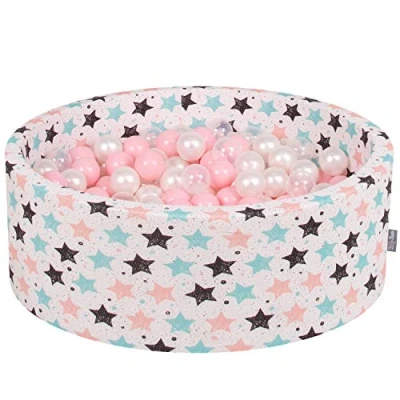 Immagine di KiddyMoon 90X30cm/200 Palline ∅ 7CM Piscina di Colorate per Bambini Tondo Fabbricato in EU, Beige Ch: Rosa Ch/Perla/Trasparente