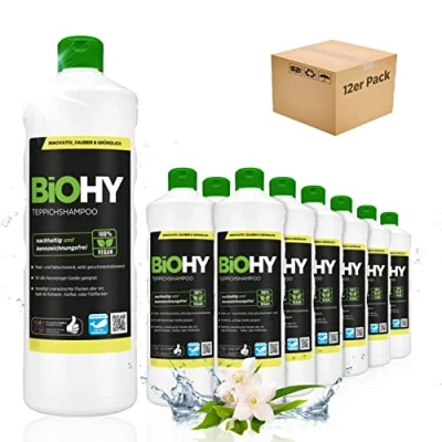Immagine di BiOHY Shampoo per tappeti (12 bottiglie da 1l) Concentrato detergente efficace ideale rimuovere le macchie ostinate ben tollerato dagli animali rispettoso dei materiali (Teppichshampoo)
