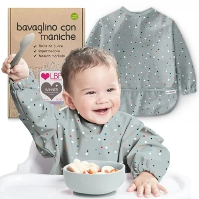 Immagine di Nombear ® Bavaglini Impermeabili con Maniche 6 Mesi o Più Pappa Svezzamento, Bavaglino Lunghe, Tasca, Bavaglio per Bimbo
