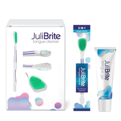 Immagine di Kit per la pulizia della lingua JuliBrite 1 Gel (50 ml) + Pulisci Aiuta a contrastare l&#039;alito cattivo (alitosi) Alito fresco Raschietto