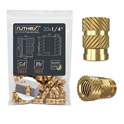 Immagine di ruthex Inserto filettato 1/4&quot; 20 pezzi RX 1/4“ 20x12,7 Boccola filettata in ottone dado di inserimento per parti plastica utilizzabile stampate 3D tramite calore