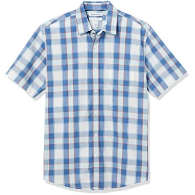 Immagine di Amazon Essentials Camicia in Popeline A Maniche Corte Regular Fit Uomo, Blu Quadretti, XS