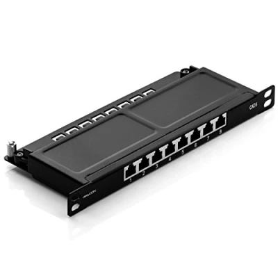 Immagine di deleyCON Patch Panel 0,5 Unità Cat 6 Mini 8 Porte Desktop Montaggio a Rack 10 Pollici Server RJ45 Schermato TIA568A TIA568B Nero