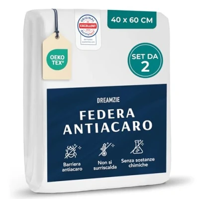 Immagine di Dreamzie Set di 2 Copricuscini Antiacaro Copri Cuscino Letto 40x60 cm per Persone Allergiche Federa Anallergico Certificato Lavabile a 95C