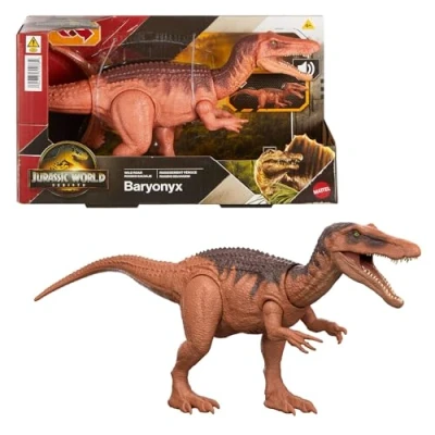 Immagine di Mattel Jurassic World la Rinascita Baryonyx Ruggito Selvaggio, dinosauro giocattolo con attacco multidirezionale azionato coda e suoni, snodato, gioco digitale, JGC79