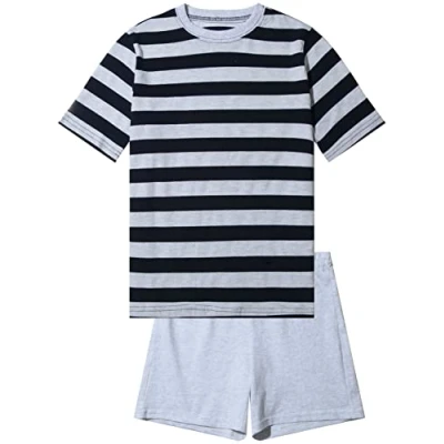 Immagine di Pigiama corto da ragazzo, morbido jersey singolo in 100% cotone e pantaloni a forma di bermuda, Melange grigio_a righe, 140 cm