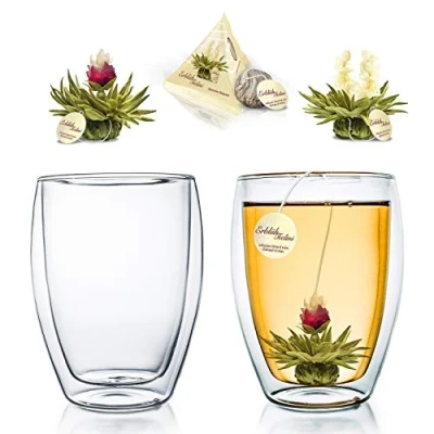 Immagine di Bicchiere termico a doppia parete 250ml &quot;DG Hoch&quot;, set da 2 + fiori di tè tèlini bianco in formato tazza 2x 500ml (confezione 1)
