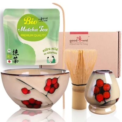 Immagine di Goodwei Set di Matcha Completo Tazza Cerimoniale con frusta e cucchiaio incl. Tè Biologico Giapponese (Plum)