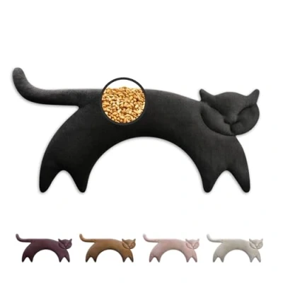 Immagine di LESCHI cuscino cervicale termico per microonde, 100% cotone e grano biologico, gatto nero, riscaldante ideale come fonte di calore in inverno alleviare tensioni a spalla schiena collo