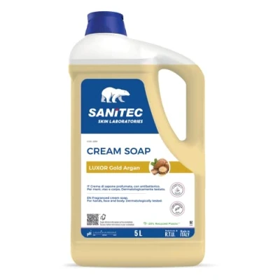 Immagine di Sanitec, Luxor Gold Argan, Crema di Sapone Profumata Idratante con Glicerina e Antibatterico, Deterge le Mani Lasciandole Fresche Pulite, pH 5,5, Dermatologicamente Testato, 5L 5000ml