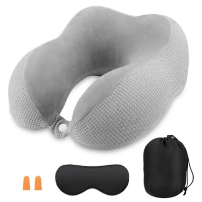 Immagine di Cuscino da Viaggio, Viaggio Collo, Cervicale per il Collo in Memory Foam, con Borsa Trasporto, Viaggiare Aereo, Auto e Treno, Grigio