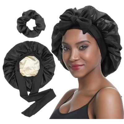Immagine di SENGTERM Cuffia per capelli da donna in raso, double face, seta, con fascia elastica ricci (nero)