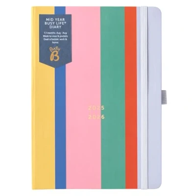 Immagine di Busy B Diary A5 Mid Year Academic Life Weekly Journal Aug &#039;25 &#039;26 Multi Stripe Cover Planner with Dual Schedules, Calendar, Pen Loop, Pockets &amp; Elastic Closure