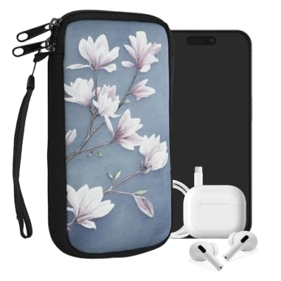 Immagine di kwmobile Custodia in neoprene con zip per smartphone XL 6,7/6,8&quot; Astuccio portacellulare a sacchetto cerniera Borsa verticale Magnolie marrone grigio/bianco/grigio blu