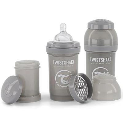 Immagine di Twistshake 2x Biberon Anticolica Con Contenitore Per Il Latte In Polvere E Miscelatore 180ml, Capezzolo Silicone A Flusso Lento, Senza BPA, 0+ Mesi, Grigio