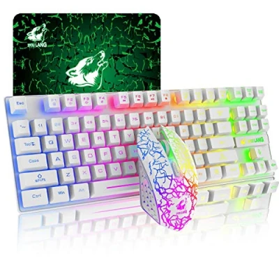 Immagine di tastiera wireless a 87 tasti mouse combinato da gioco con retroilluminazione arcobaleno 2.4G ricaricabile sensazione meccanica+2400DPI LED+tappetini per (bianca)