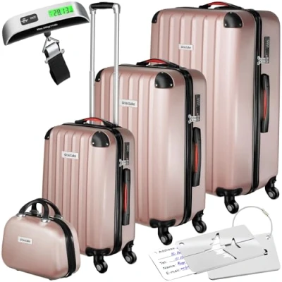 Immagine di TecTake® Set di valigie rigide Cleo, 4 pezzi, Trolley M, L e XL, Beauty Case Impilabile, Rotelle Girevoli a 360, Maniglia Telescopica Regolabile, Bilancia, Combinazione 3 Cifre Rosa Dorato