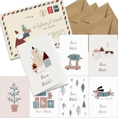 Immagine di the lazy panda card company Set di 30 Biglietti Natale con busta in italiano A6 pieghevoli auguri natalizi