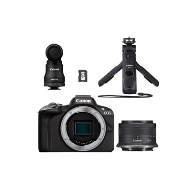 Immagine di Canon EOS R50 + RF S 18 45mm F4.5 6.3 IS STM Creator Kit, con Microfono Stereo DM E100 e Tripod grip HG 100TBR