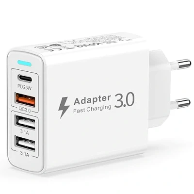 Immagine di Caricatore USB C 40W,Caricatore Multiplo 4 Porte PD&amp;QC3.0 Alimentatore Presa Spina Rapido Type Caricabatterie per iPhone 15 Pro Max/14/13/12/11,Samsung S24/S23/S22/S21