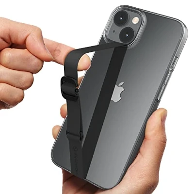 Immagine di Sinjimoru Length adjustable Cell Phone Finger Strap Holder for Hand, Elastic Silicone Grip Loop Gripper Back of Case Reusable with Clip iPhone &amp; Android. Sinji Buckle Black