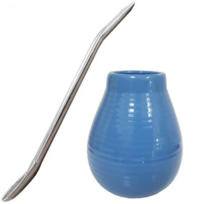 Immagine di Gaucho Bruno Tazza di Ceramica Yerba Mate con Cannuccia Riutilizzabile Acciaio Inox Anti Derapante e Facile da Pulire Kit Viaggio o Uso a Casa 400ml Azzurro