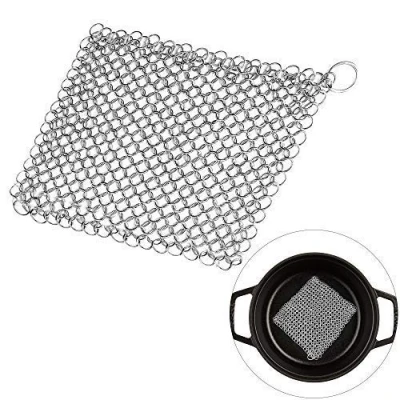 Immagine di MEEQIAO Scrubber per Cotta di Maglia in Acciaio Inossidabile, Pulitore Ghisa 8 x Pollici con Anello Appendere, Non arrugginisce, Antigraffio,Padelle, Piastre, Pentole o Wok (10 * 10cm)