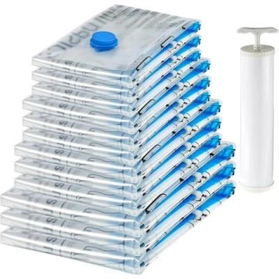 Immagine di Amazon Basics Sacchetti sottovuoto con pompa a mano, Molteplici, Cerniera, confezione da 12 (3 jumbo, 3 grandi, medi, piccoli), Trasparente