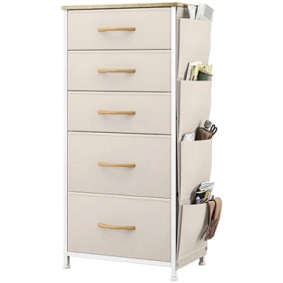 Immagine di YITAHOME Cassettiera in tessuto con tasche laterali, ganci, armadietto 5 cassetti, per Corridoio, vano contenitore soggiorno, camera da letto, cameretta dei bambini,beige