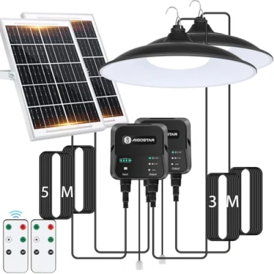 Immagine di Aigostar Lampada Solare da Esterno con Telecomando, 2 Pezzi,Cavo 8 M,Batteria di Grande Capacità 6000 mAh,Lampadario Solari Corda Trazione,IP65 Impermeabile per Interno,Campeggio,6500K