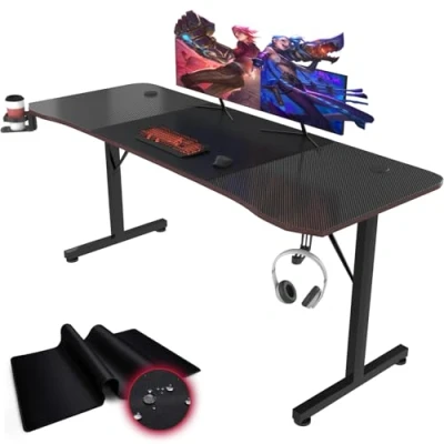 Immagine di Devoko Scrivania Gaming 180 x 60 cm, Tavolo Ergonomica, Postazione con Piano del in Fibra di Carbonio, per Computer Porta Bicchiere e Ganci Cuffie, Nero