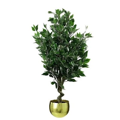 Immagine di Leaf Albero di ficus artificiale realistico con fioriera, materiali misti, 110 cm, curva oro sempreverde