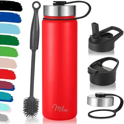 Immagine di Milu Borraccia in acciaio inox, con 3 coperchi, thermos cannuccia, bottiglia isolata termicamente, a prova di perdite, doppia parete, adatta per bevande gassate (Rosso, 500 ml)