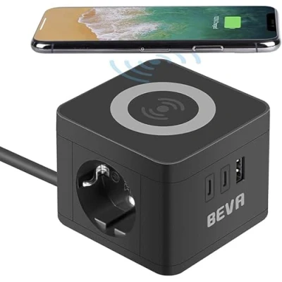 Immagine di BEVA Multipresa Cubo, Ciabatta Elettrica con 2 USB C+1 A e Prese EU, Funzione di Ricarica Wireless, 2500W,10A, Cavo 1.5 m, Surge Protezione, Adatto per Viaggi, Casa Ufficio (Nero)