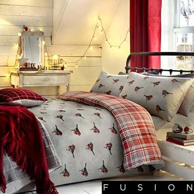 Immagine di Fusion, Set Copripiumino Reversibile, Lato Tartan Classico e pettirosso, Cotone, Multi Colour, Super King