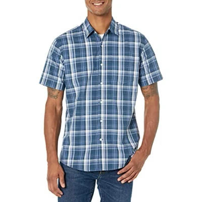 Immagine di Amazon Essentials Camicia in Popeline a Maniche Corte Regular Fit Uomo, Blu Marino Motivo Quadri Medi, L
