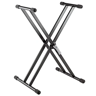 Immagine di K&amp;M 18997 Base per piano, nero, in alluminio piedi leggeri a X con leva di chiusura, supporto gomma e scala graduata