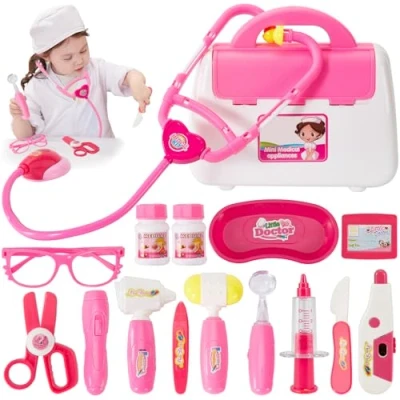 Immagine di BUYGER 16 Pezzi Set Valigetta Dottoressa Bambina, Giochi Dottore Stetoscopio con Luci e Suoni, Kit Medico Giocattolo per Bambini Bamba 3 Anni (Rosa)