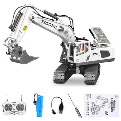 Immagine di GOXAEEE 1:20 Giocattolo escavatore telecomandato, 2,4 GHz RC completamente funzionale, ricaricabile tramite USB a 11 canali con luce e suono, regalo di compleanno per ragazzi ragazze