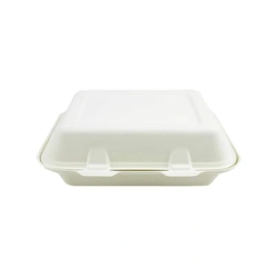 Immagine di Contenitori a conchiglia da asporto, in canna zucchero biodegradabile, 22,9 x 15,2 cm, set 50 pezzi, confezione ecocompatibile