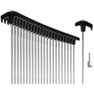 Immagine di COM FOUR® 24x picchetti per tenda in acciaio con adattatore cacciavite a batteria vite robusti chiodi da terra filettatura campeggio e attività all&#039;aperto