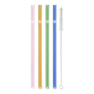 Immagine di ZWILLING Sorrento Cannucce in vetro borosilicato riutilizzabili e sostenibili per bevande fredde calde, 4 pezzi, lunghezza 23 cm, forma curva, colore: Multicolore, incl. spazzola la pulizia