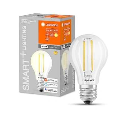 Immagine di Lampada LED intelligente Ledvance con Tecnologia WiFi, base E27, Dimmerabile, Bianca Calda (2700 K), Controllabile Alexa, Google Assistant e Samsung SmartThings, SMART+